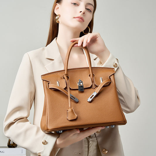 Premium Top-Layer Cowhide Leather Tote Bag for Women, Textured Grain Finish with Spacious Large Capacity, Unique Boutique Handbag with Turn-Lock Closure