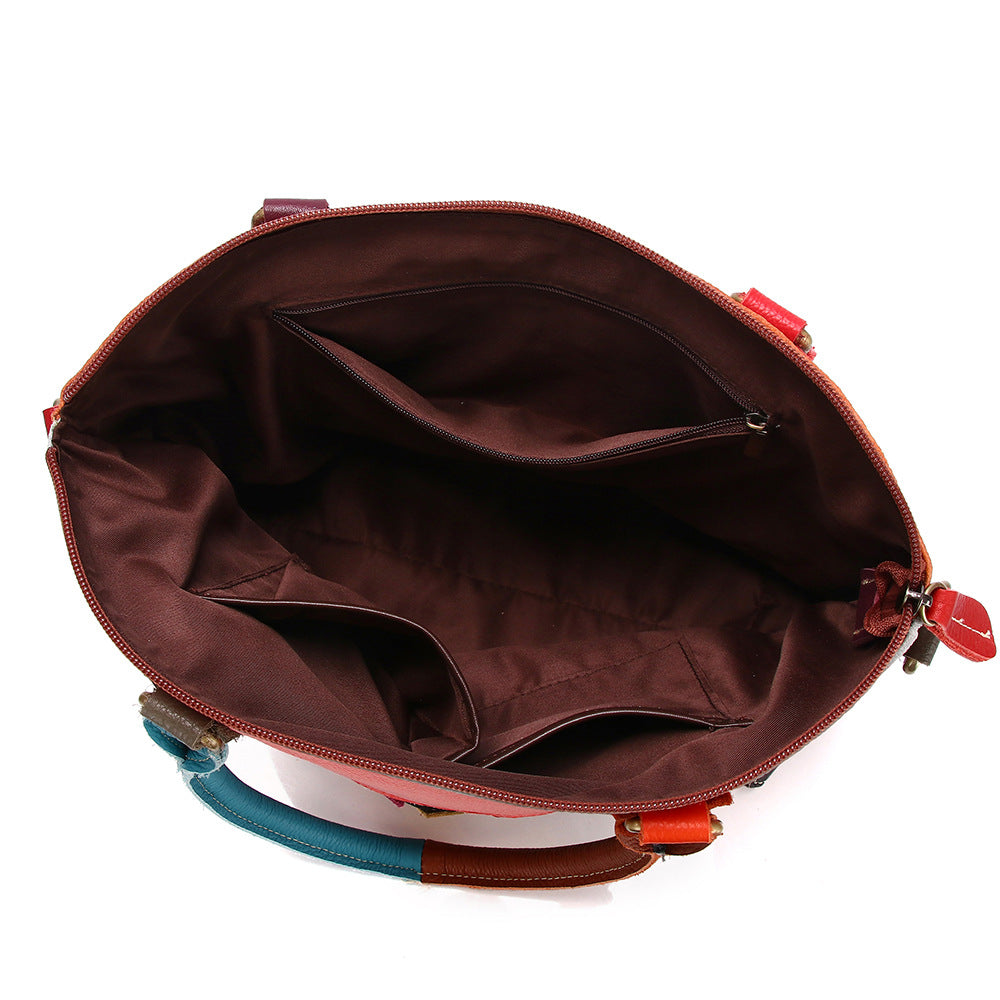 Genuine Cowhide Colorful Patchwork Handbag for Women, New Handmade Plaid Shoulder Top Handle Purse, Trendy Everyday Bag for Ladies