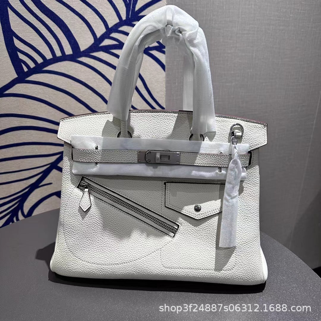 New Arrival Top-Layer Cowhide Leather Biker Birkin-Inspired Tote Bag for Women, Front Zipper Detail with Spacious Large Capacity, Versatile Top-Handle Crossbody Handbag for Everyday Style