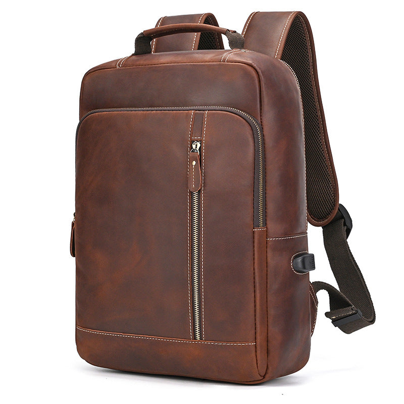 Men's Crazy Horse Leather Backpack Vintage Travel Daypack for Women Students, Genuine Leather Casual Rucksack Large Capacity