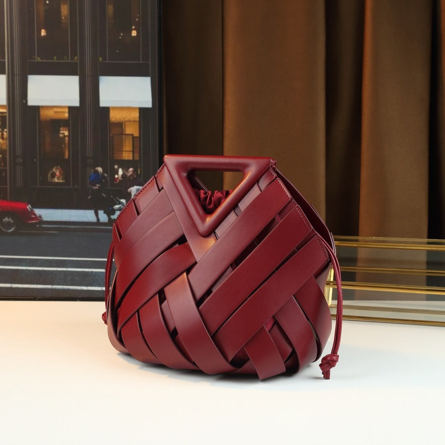 Woven Hollow Basket Bucket Bag for Women Genuine Leather Shoulder Crossbody Handbag, Fashionable Purse with Natural Artisan Texture