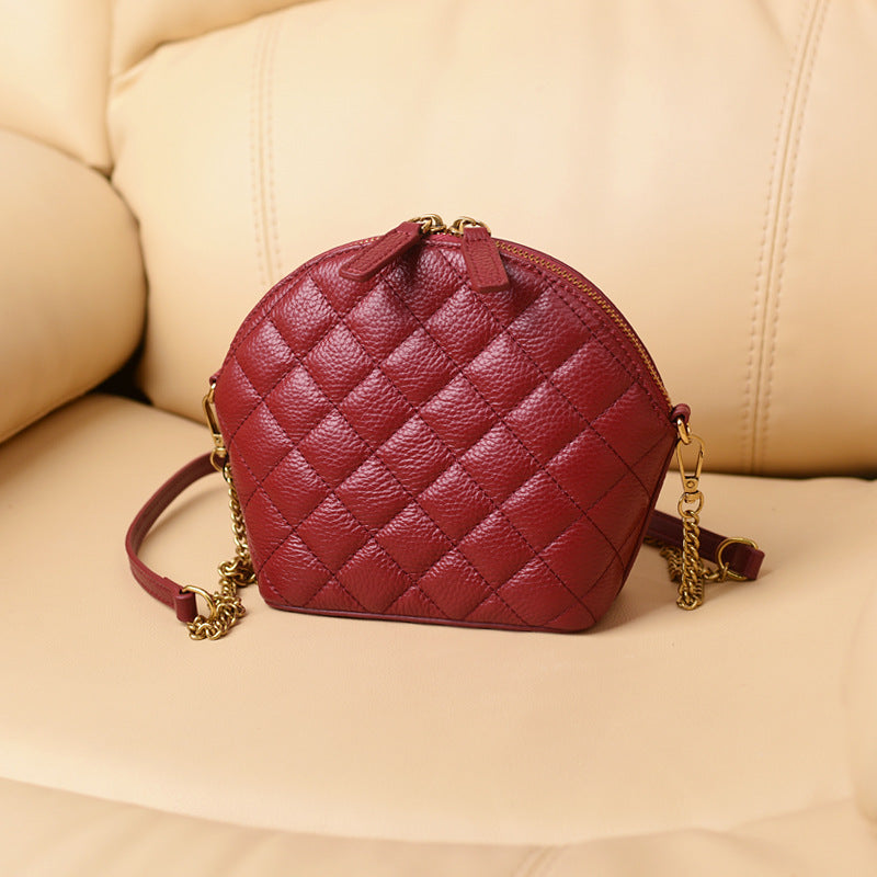 New Chanel-Style Quilted Chain Shell Mini Bag, Top Layer Cowhide Crossbody Purse, Trendy Handbag for Women