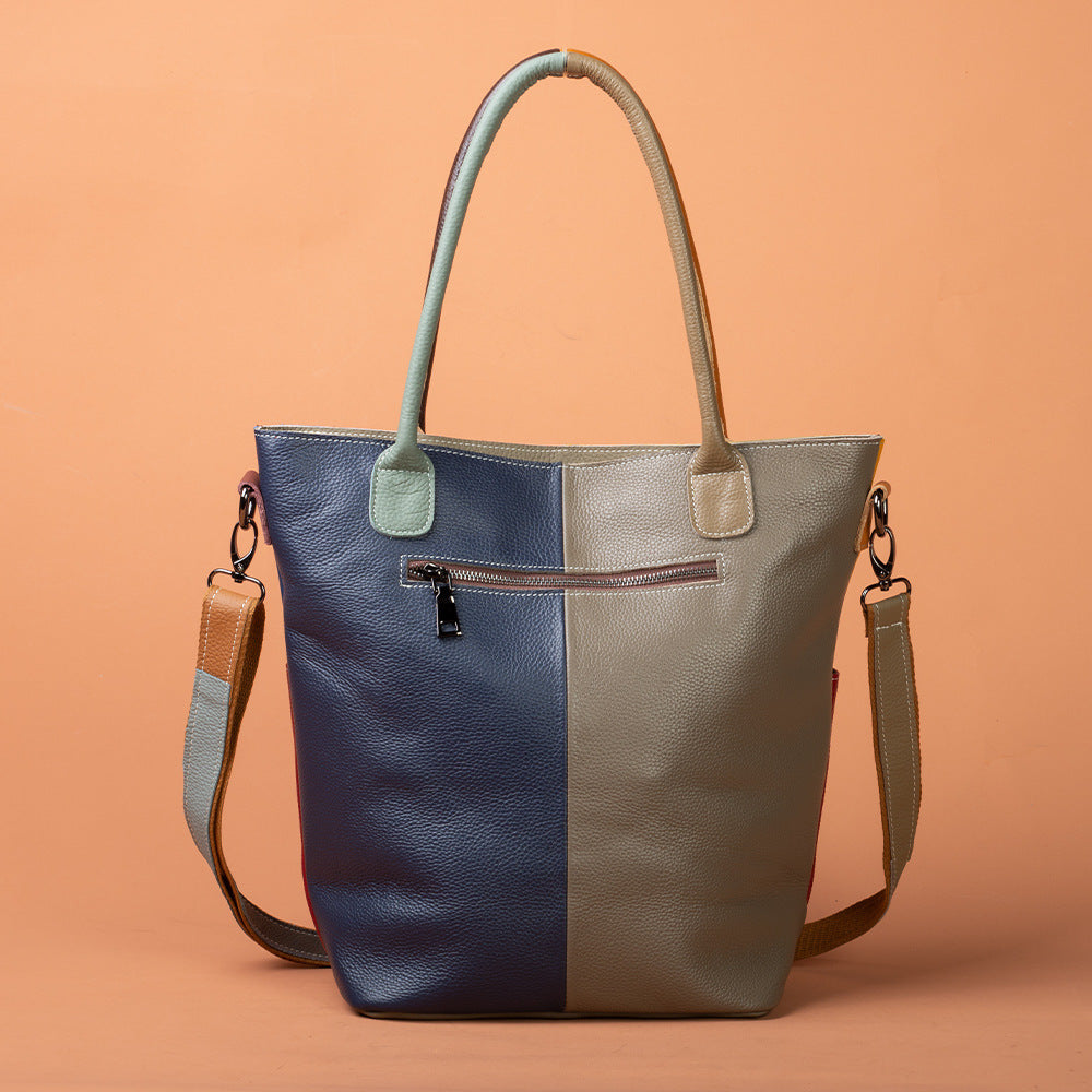 Genuine Cowhide Vintage Color Block Patchwork Tote Bag for Women, New Arrival Top Handle Shoulder Crossbody Handbag, Versatile Casual Purse for Ladies