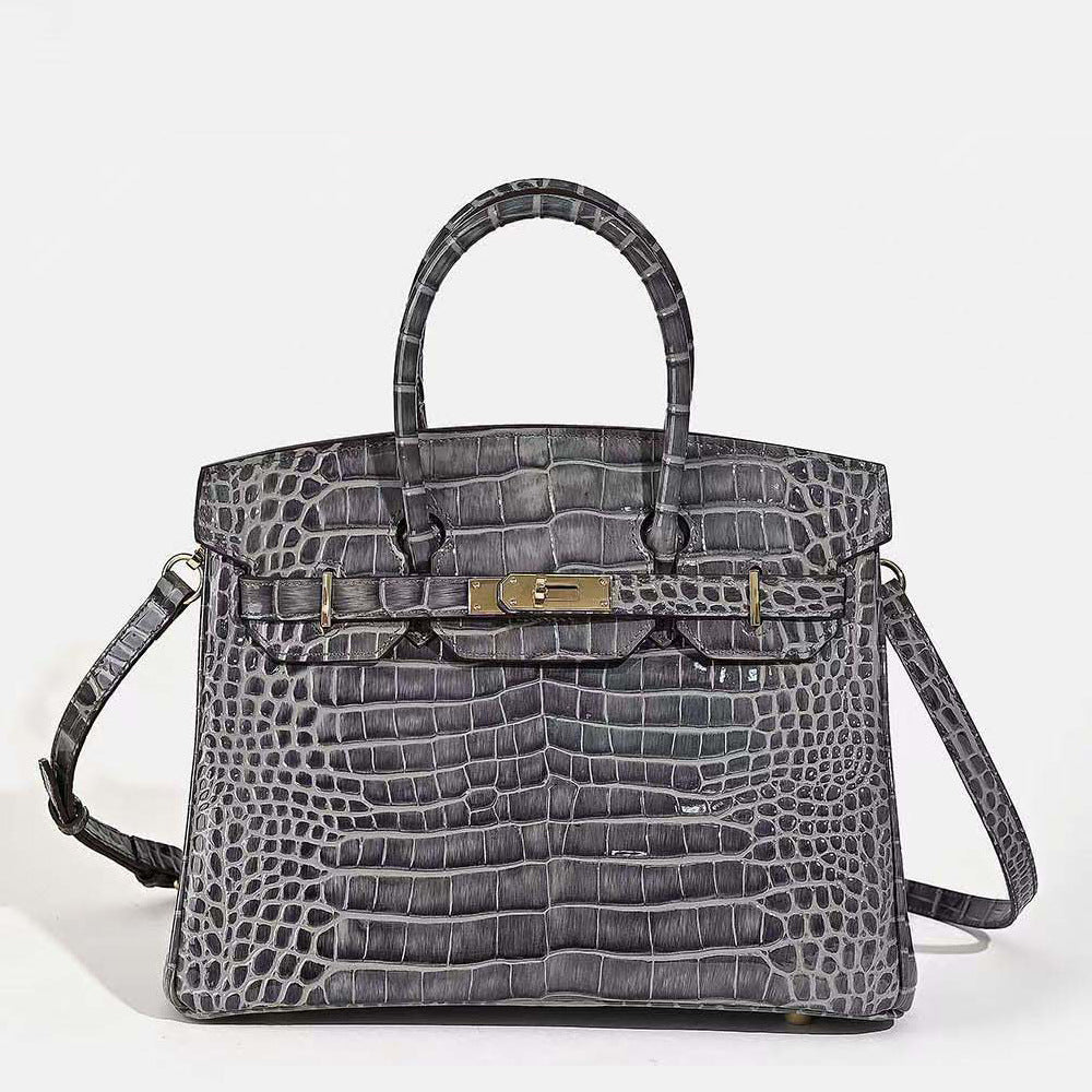 New Birkin Style Large Tote Bag for Women High Gloss Crocodile Embossed Genuine Leather Shoulder Handbag Crossbody Purse