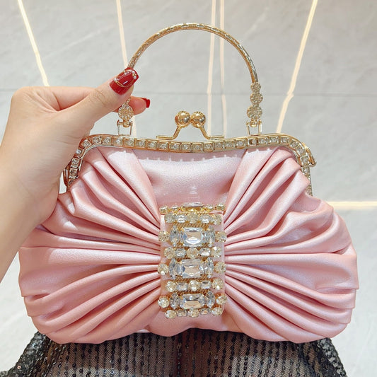 Handmade Rhinestone Kelly-Style Evening Bag for Women, French Fairy Bow Knot Banquet Purse, Sparkly Shoulder Crossbody Clutch for Ladies