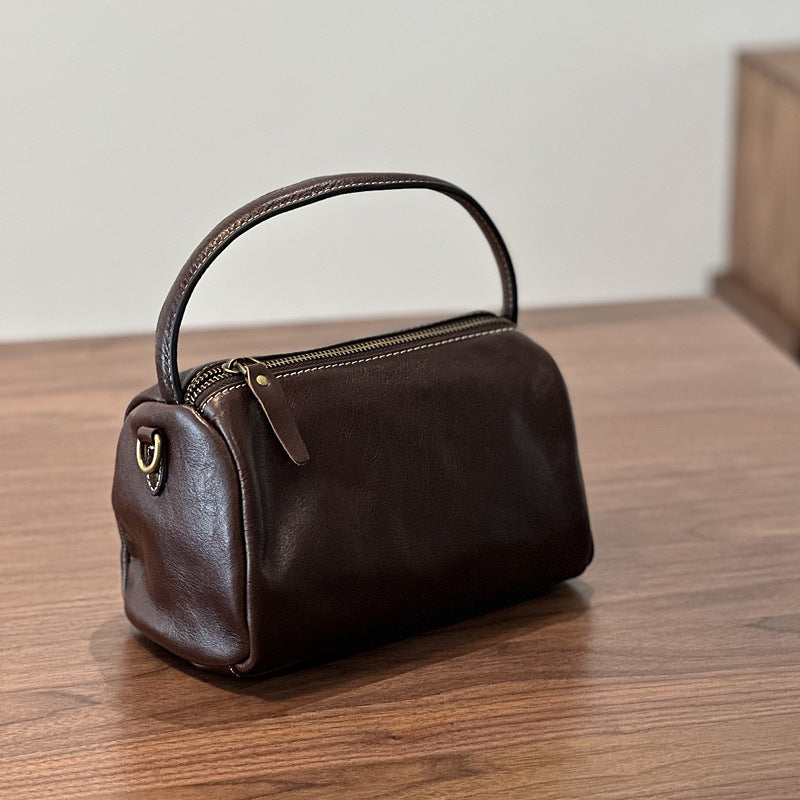 Genuine Vegetable-Tanned Top Layer Cowhide Bag for Women, Vintage Minimalist Shoulder Crossbody Top Handle Purse, Unique Lunch Box Style Small Handbag for Ladies