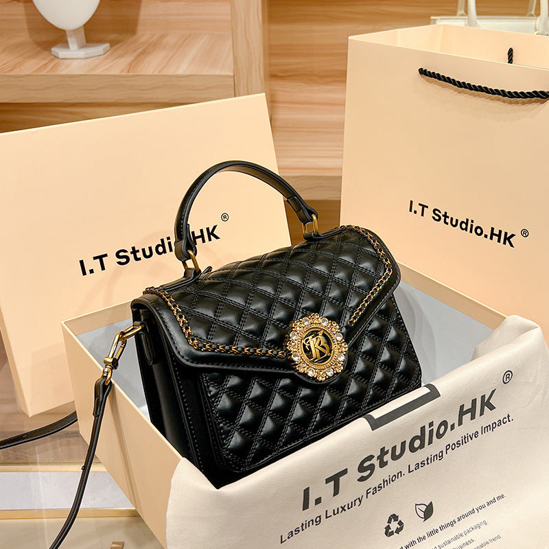 Genuine Leather Quilted Small Square Bag for Women, New Trendy Top Handle Shoulder Crossbody Purse, Fashionable Handbag for Ladies