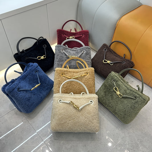 New Fall/Winter Lamb Wool Woven Tote with Metal Buckle, Vintage Large Commuter Shoulder & Crossbody Bag for Women