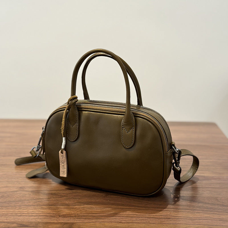 Genuine Top Layer Cowhide Handbag for Women, Fall Winter Academic Vintage Commute Shoulder Crossbody Bag, Minimalist Japanese Style Purse for Ladies