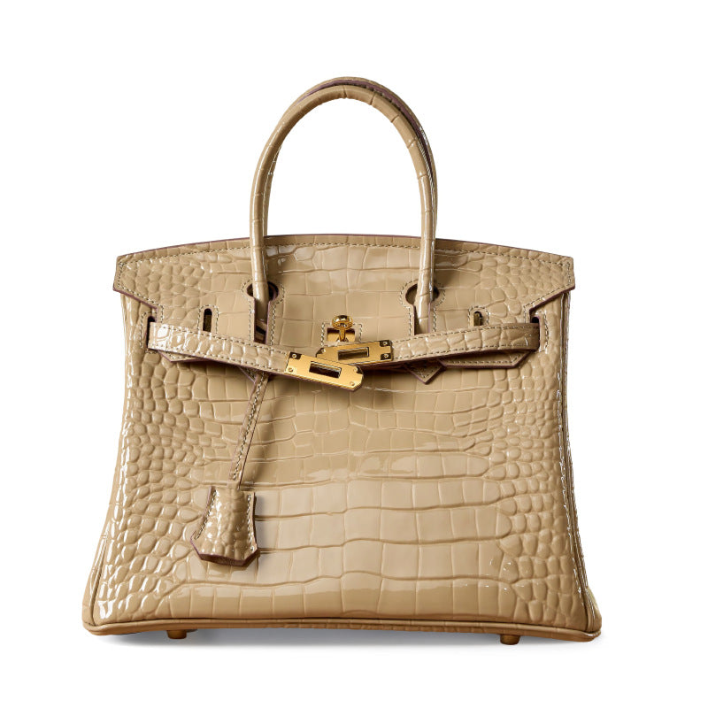 Genuine White Top Layer Cowhide Crocodile-Embossed Birkin-Style Bag for Women, Large Capacity Commute Top Handle Shoulder Purse, Premium Handbag for Ladies