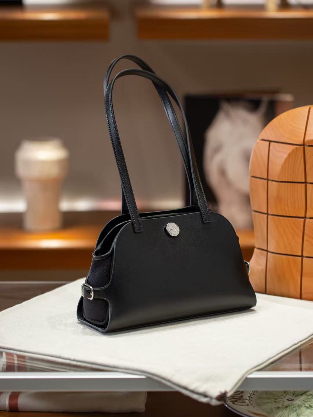 Genuine Top Layer Calfskin Leather Bag for Women, Tabier Premium Shoulder Top Handle Purse with Leather Trim, Footed Studs, Logo Plaque, and Full Steel Hardware for Ladies