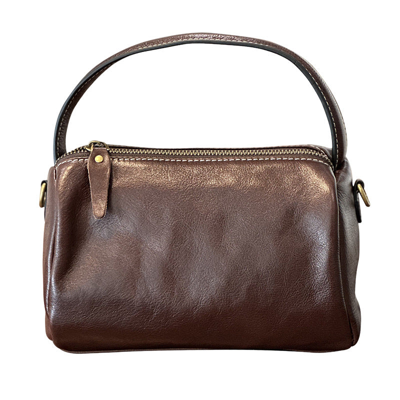 Genuine Vegetable-Tanned Top Layer Cowhide Bag for Women, Vintage Minimalist Shoulder Crossbody Top Handle Purse, Unique Lunch Box Style Small Handbag for Ladies