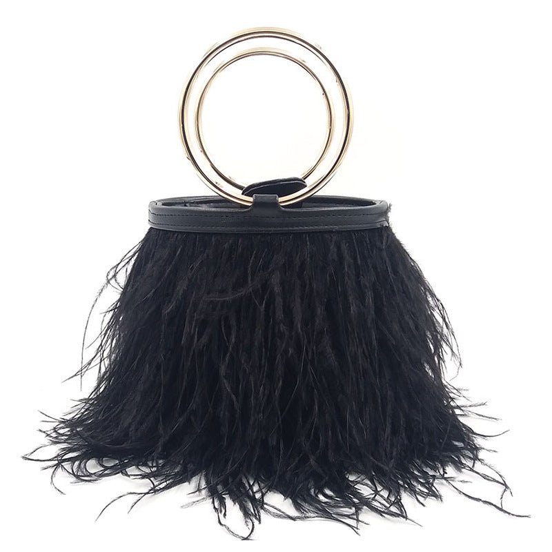 Genuine Leather Ring Chain Ostrich Feather Tassel Bag for Women, Shiling Fashion Brand Shoulder Crossbody Top Handle Purse, Runway Style Versatile Handbag for Ladies