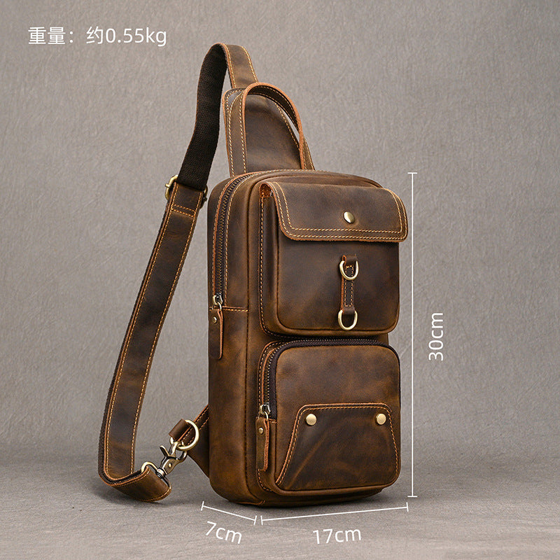 Large Capacity Crazy Horse Leather Chest Bag, Casual Crossbody Shoulder Pouch, Cowhide Bag Fits iPad for Men