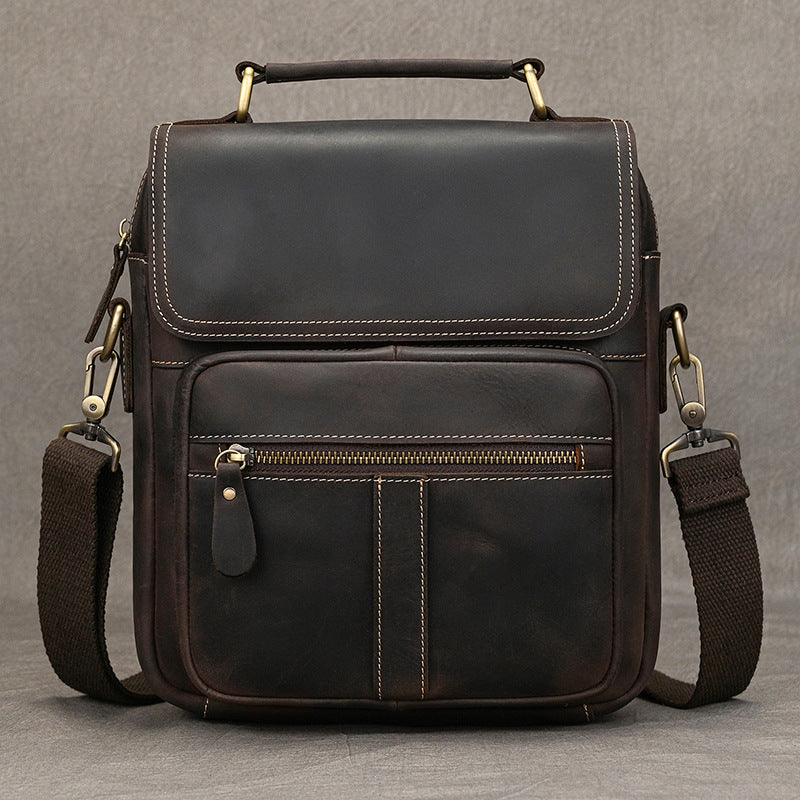 Crazy Horse Leather Vertical Crossbody Shoulder Bag, Top Layer Cowhide Outdoor Pouch with Top Handle for Men