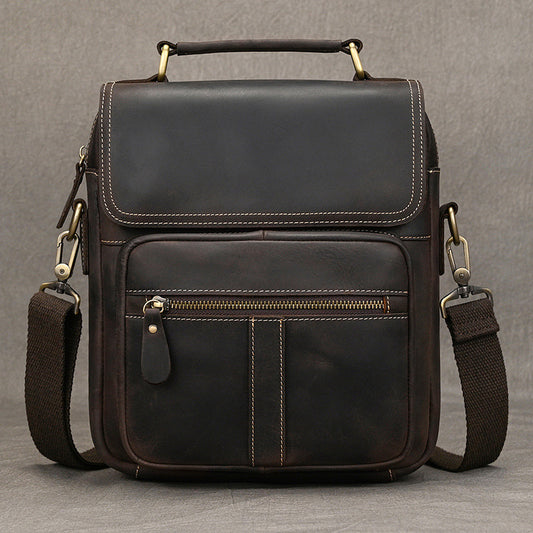 Crazy Horse Leather Vertical Crossbody Shoulder Bag, Top Layer Cowhide Outdoor Pouch with Top Handle for Men