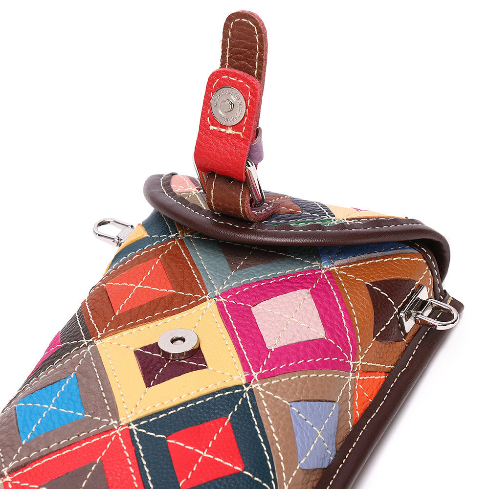 Genuine Cowhide Colorful Diamond Quilted Patchwork Bag for Women, New Flap Shoulder Crossbody Small Purse, Trendy Handbag for Ladies