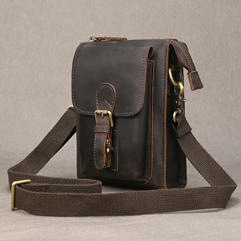 Crazy Horse Leather Small Phone Crossbody Shoulder Bag, Square Travel Sling Pouch with Belt Waist Pack for Men