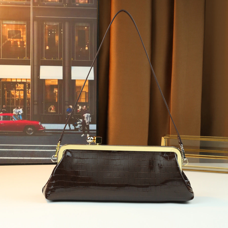 French Stone Grain Baguette Bag for Women Metal Clip Evening Shoulder Handbag, Large Capacity High-Fashion Purse with Elegant Texture