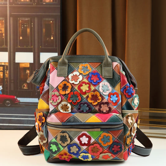 New Arrival Bohemian Patchwork Genuine Leather Backpack for Women, A Vintage Applique Contrast Color Large Capacity Daypack with Fashionable Design