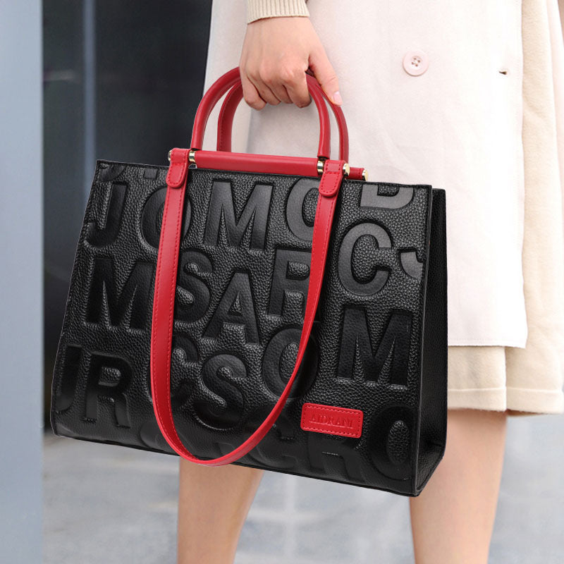 New Letter Tote Bag in Top Layer Cowhide, Large Capacity Commute Shoulder Crossbody Top Handle Purse, Stylish Handbag for Women