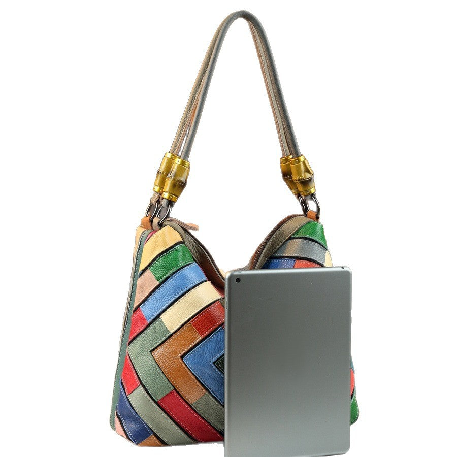 Genuine Leather Rainbow Geometric Print Tote Bag for Women Casual Patchwork Shoulder Handbag, Trendy Colorful Design with Versatile Style