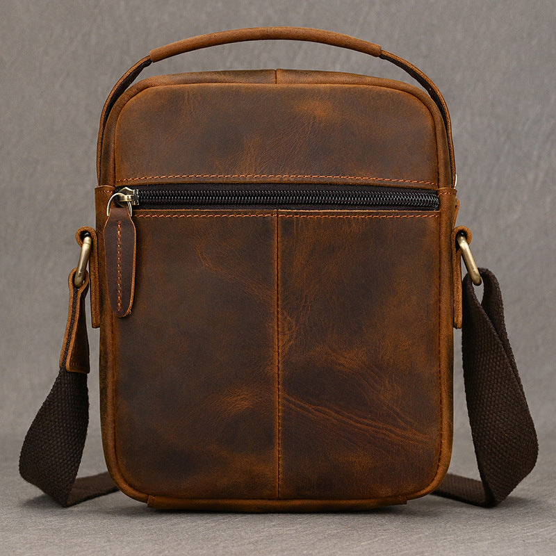 Crazy Horse Leather Small Phone Crossbody Bag, Earphone Hole Shoulder Pouch, Compact Square Travel Bag for Men