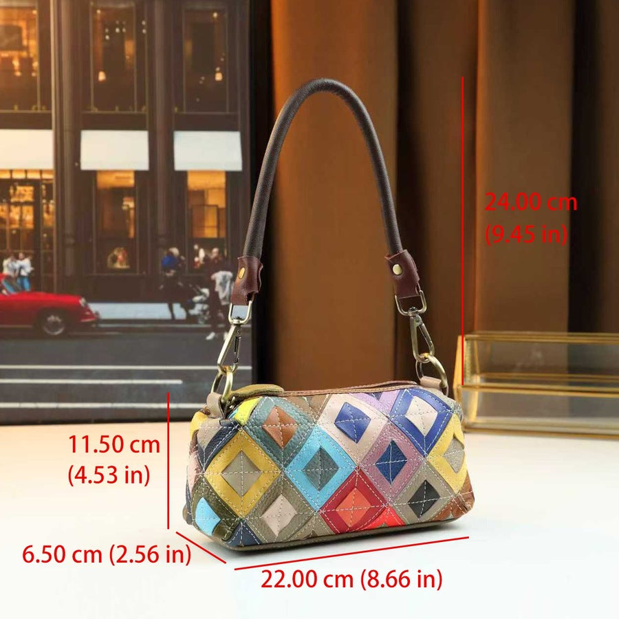 Pebble Grain Leather Colorful Checkered Pillow Bag for Women Ethnic Shoulder Crossbody Handbag, Random Color-Block Purse with Unique Design
