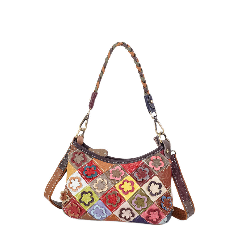 Premium Genuine Leather Color-Block Floral Bag for Women | Ethnic Style Small Top-Handle Cross-Body Shoulder Handbag with Unique Artistic Design | Versatile 2-in-1 Carry Purse for Everyday Chic, Travel & Casual Outings | Trendy Statement Accessory wi