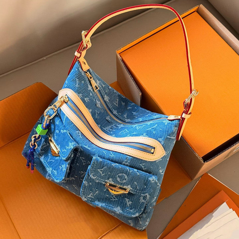 Denim Manhattan Travel Tote Bag for Women Large Capacity Shoulder Messenger Underarm Handbag, Baggy Style Purse with Casual Denim Design