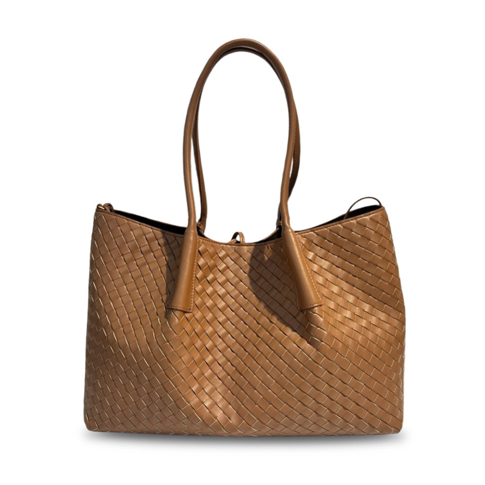 Leather New Woven Tote Bag Hand Crossbody One Shoulder Underarm Bag Women's Large Capacity Bag Mommy Bag