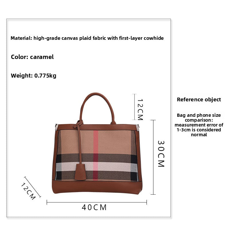 New Large Capacity Genuine Cowhide Plaid Tote Bag, Versatile Fashionable Shoulder Handbag, Premium Leather Bag for Women