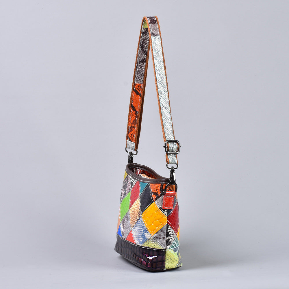 Snakeskin Colorful Patchwork Bag in Genuine Leather, Plaid Crossbody Shoulder Small Purse, Stylish Handbag for Women