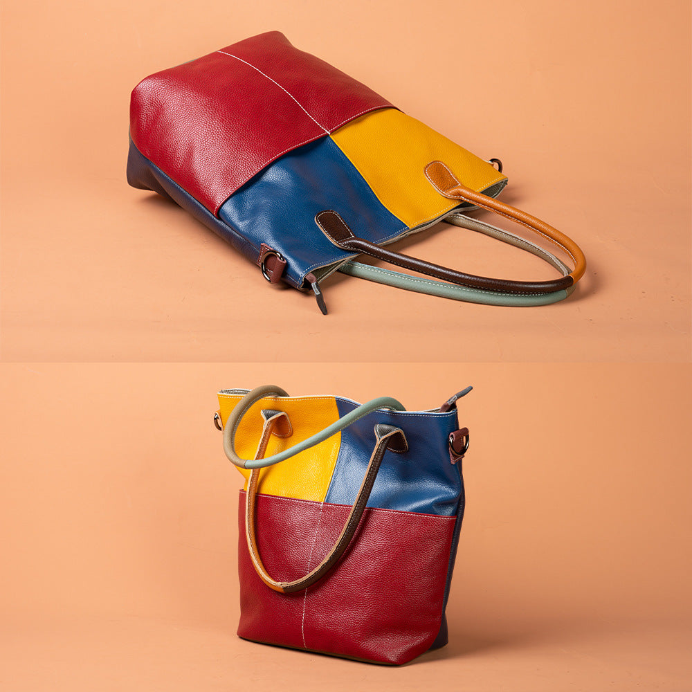 Genuine Cowhide Vintage Color Block Patchwork Tote Bag for Women, New Arrival Top Handle Shoulder Crossbody Handbag, Versatile Casual Purse for Ladies