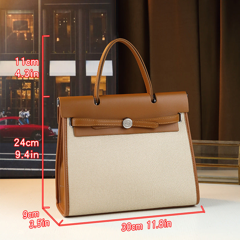 New Arrival Casual Large Canvas Tote Bag for Fall/Winter, A Contrast Color Top-Handle Commuter Shoulder Handbag with Elegant Kelly-Inspired Style