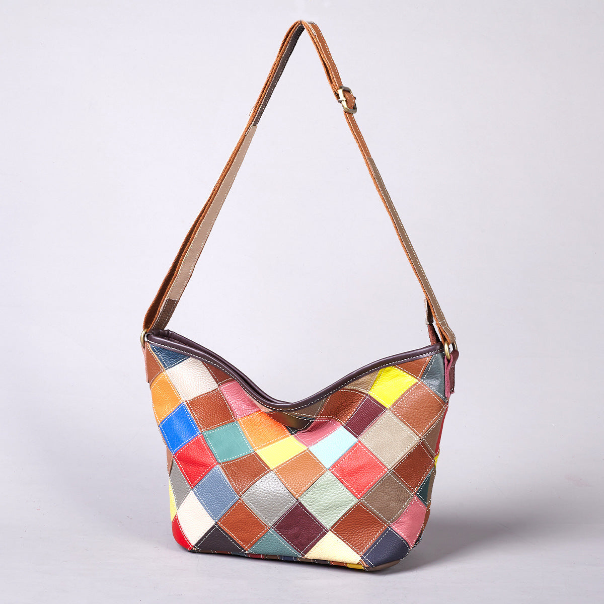Premium Handcrafted Plaid Pattern Cowhide Leather Bag for Women | Large-Capacity Cross-Body Shoulder Handbag with Random Color-Block Artistic Design | Trendy Everyday Purse for Work, Errands & Travel | Unique Statement Accessory with Vibrant Plaid &