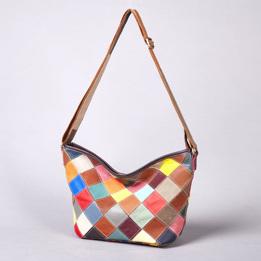 Premium Handcrafted Plaid Pattern Cowhide Leather Bag for Women | Large-Capacity Cross-Body Shoulder Handbag with Random Color-Block Artistic Design | Trendy Everyday Purse for Work, Errands & Travel | Unique Statement Accessory with Vibrant Plaid &