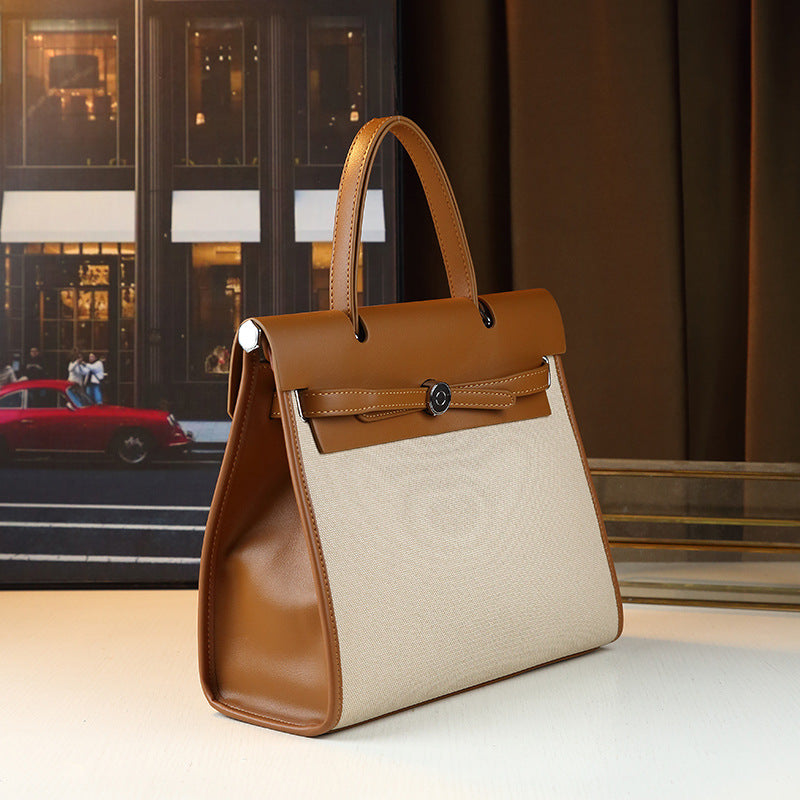 New Arrival Casual Large Canvas Tote Bag for Fall/Winter, A Contrast Color Top-Handle Commuter Shoulder Handbag with Elegant Kelly-Inspired Style