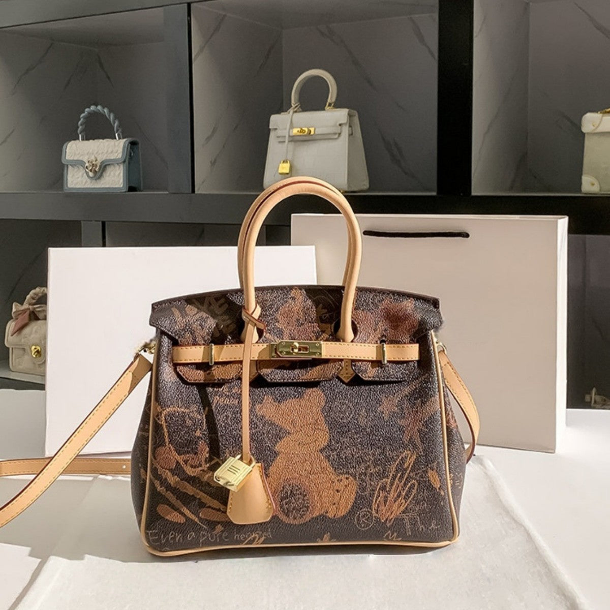 New Arrival Graffiti Bear Birkin-Inspired Tote Bag for Women, Large Capacity Shoulder Crossbody Handbag with Playful Versatile Design, Perfect Everyday Purse