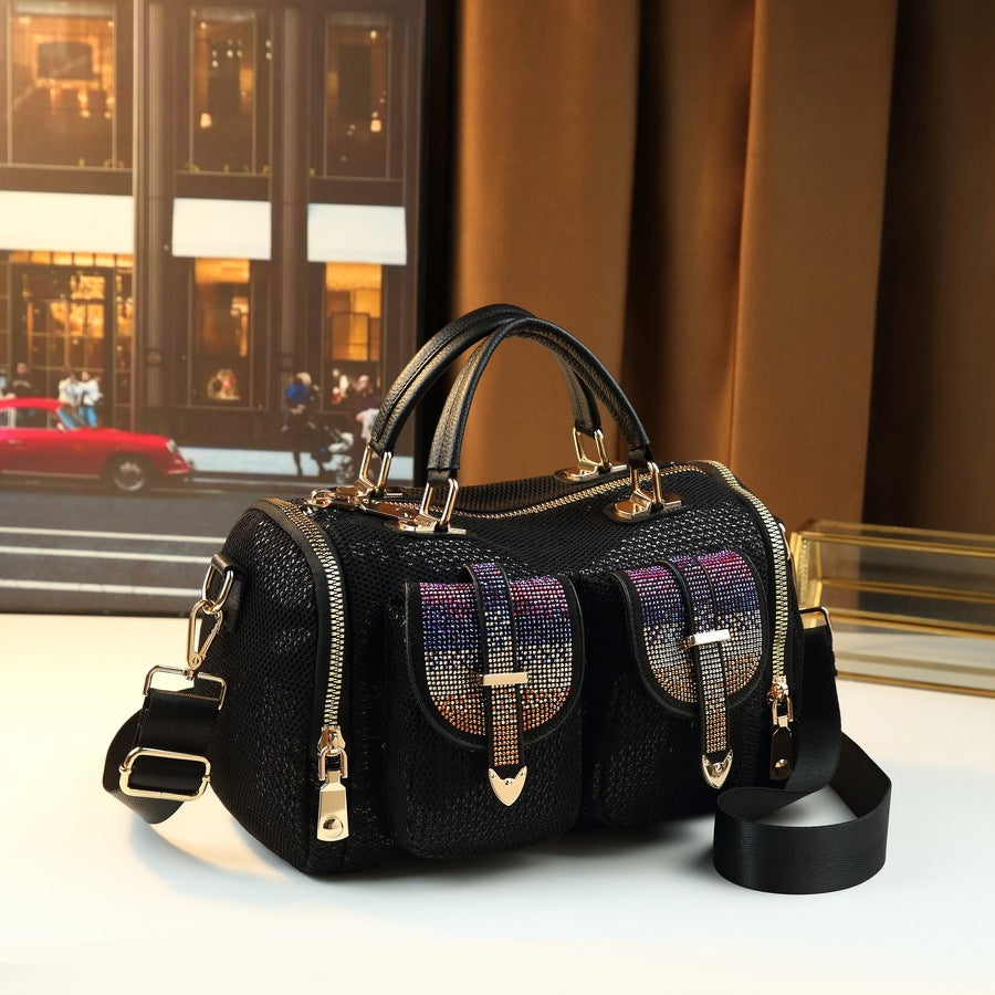 Rhinestone Sequin Soft Leather Tote Bag for Women Large Capacity Shoulder Crossbody Handbag, Sparkly Glamorous Purse with Premium Finish
