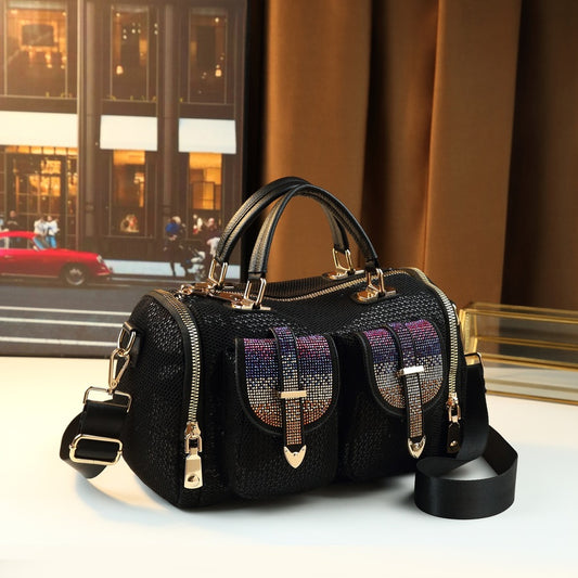 Rhinestone Sequin Soft Leather Tote Bag for Women Large Capacity Shoulder Crossbody Handbag, Sparkly Glamorous Purse with Premium Finish