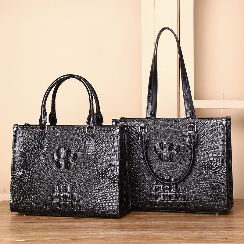 Genuine Leather Couple Tote Bag for Men and Women Large Capacity Laptop Business Shoulder Handbag with Crocodile Embossed Texture