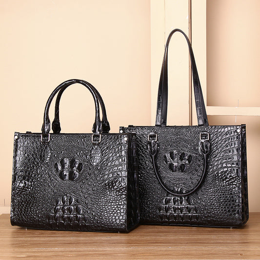 Genuine Leather Couple Tote Bag for Men and Women Large Capacity Laptop Business Shoulder Handbag with Crocodile Embossed Texture