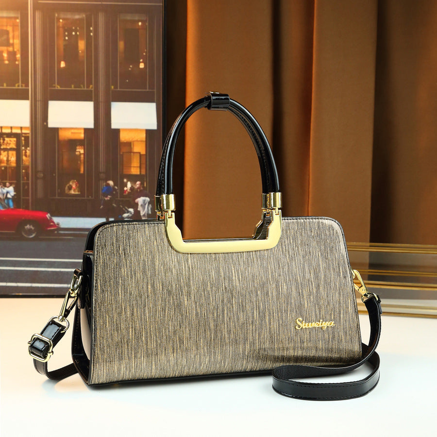 Vintage Gold-Tone Boston Bag for Women Large Capacity Shoulder Handbag, High-Quality Textured Purse with Versatile Travel Style