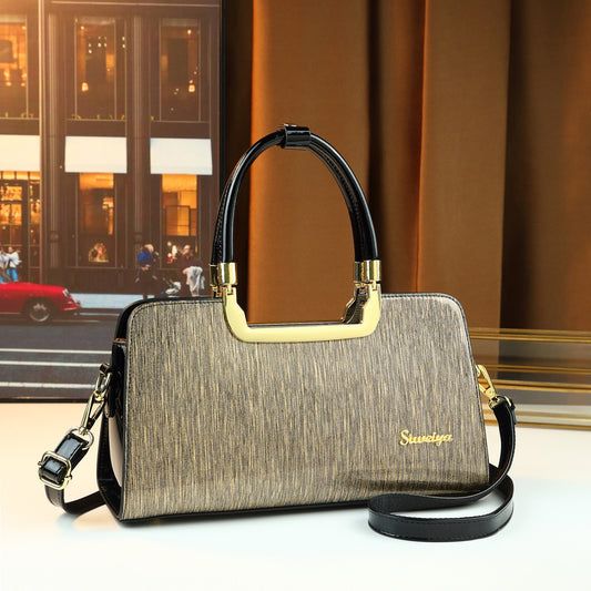 Vintage Gold-Tone Boston Bag for Women Large Capacity Shoulder Handbag, High-Quality Textured Purse with Versatile Travel Style
