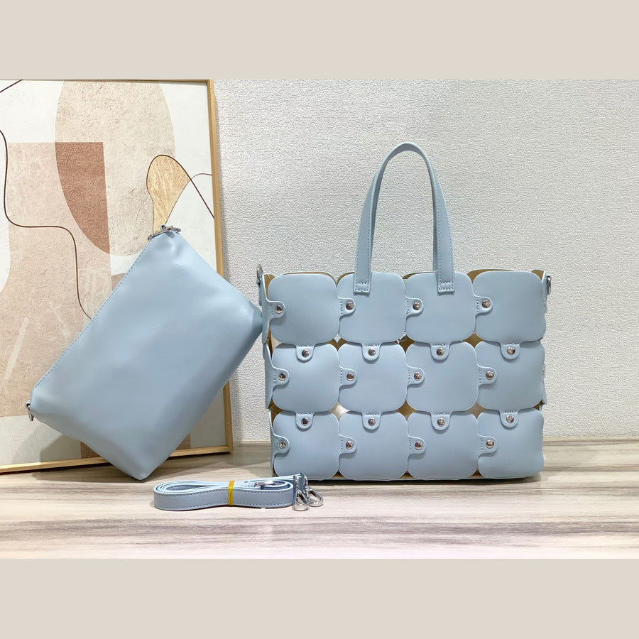 Geometric Patchwork Bucket Bag Set for Women Large Capacity Shoulder Crossbody Handbag, Creative Versatile Purse with Detachable Sub-Bag