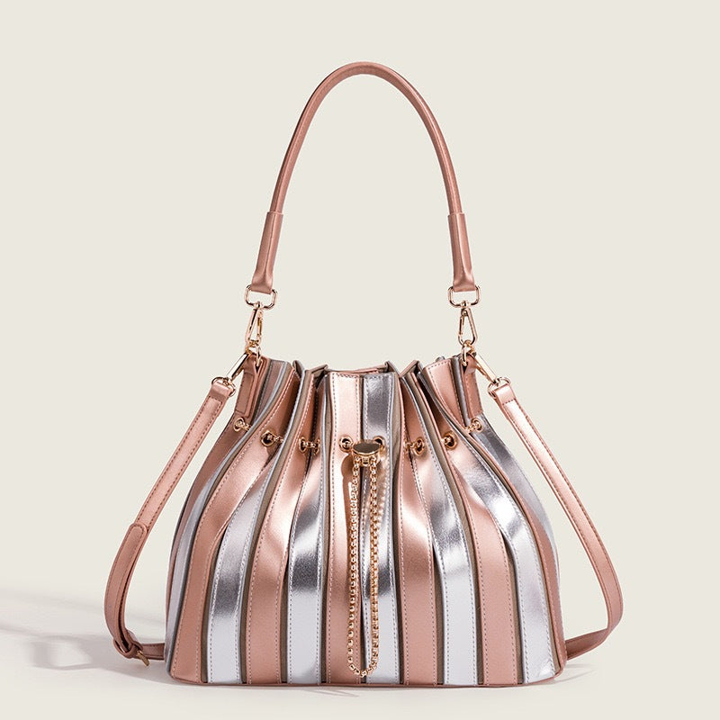 Glossy Light Luxury Bucket Bag Set for Women Niche Designer Pleated Large Capacity Shoulder Sub-Bag Handbag with Premium Finish