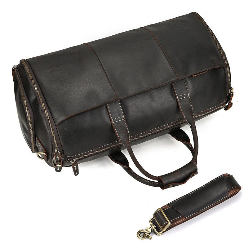 New Crazy Horse Leather Foldable Suit Travel Duffle, Wet-Dry Separated Garment Bag, Versatile Gym Weekender for Men