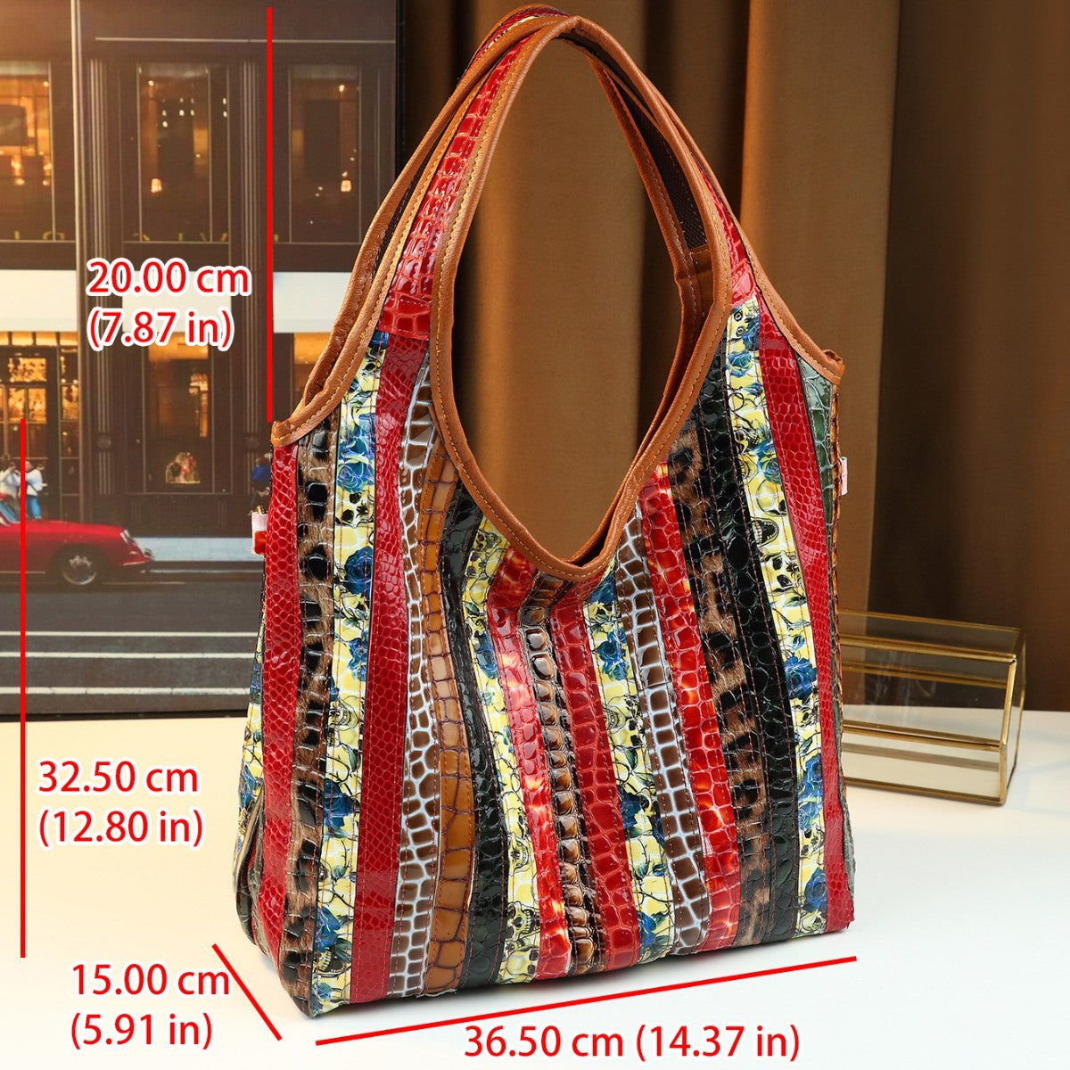 Genuine Leather Patchwork Tote Bag for Women Large Capacity Shoulder Crossbody Handbag, Vintage Trendy Purse with Versatile Everyday Style