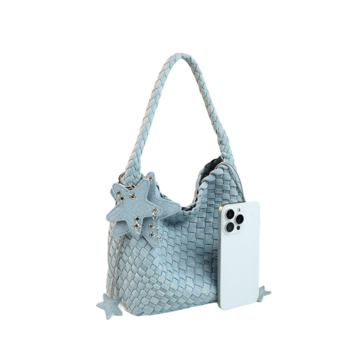 Handwoven Denim Bucket Bag for Women Large Capacity Underarm Shoulder Handbag, Casual Versatile Purse with Natural Woven Texture